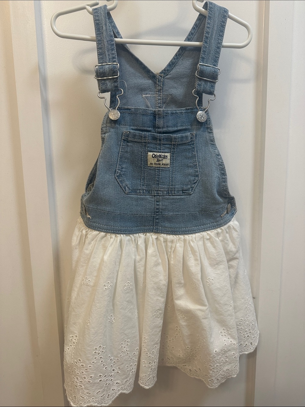 OshKosh B'gosh Light Blue Denim Top with White Eyelet Skirt Overalls - Picture 1 of 1